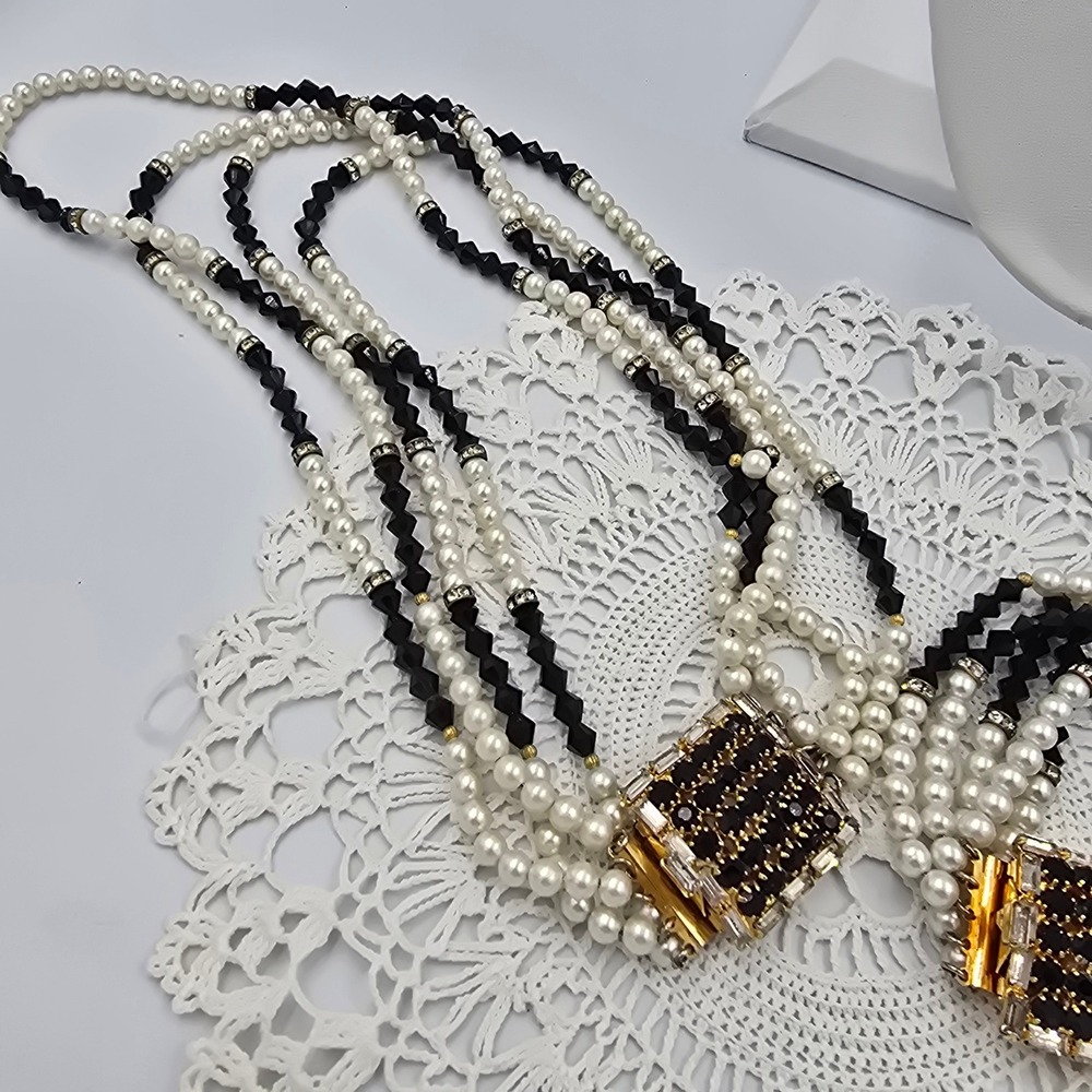 Vintage HOBE Necklace & Bracelet Faux Pearl Black Bead Multistrand Jewelry Set
